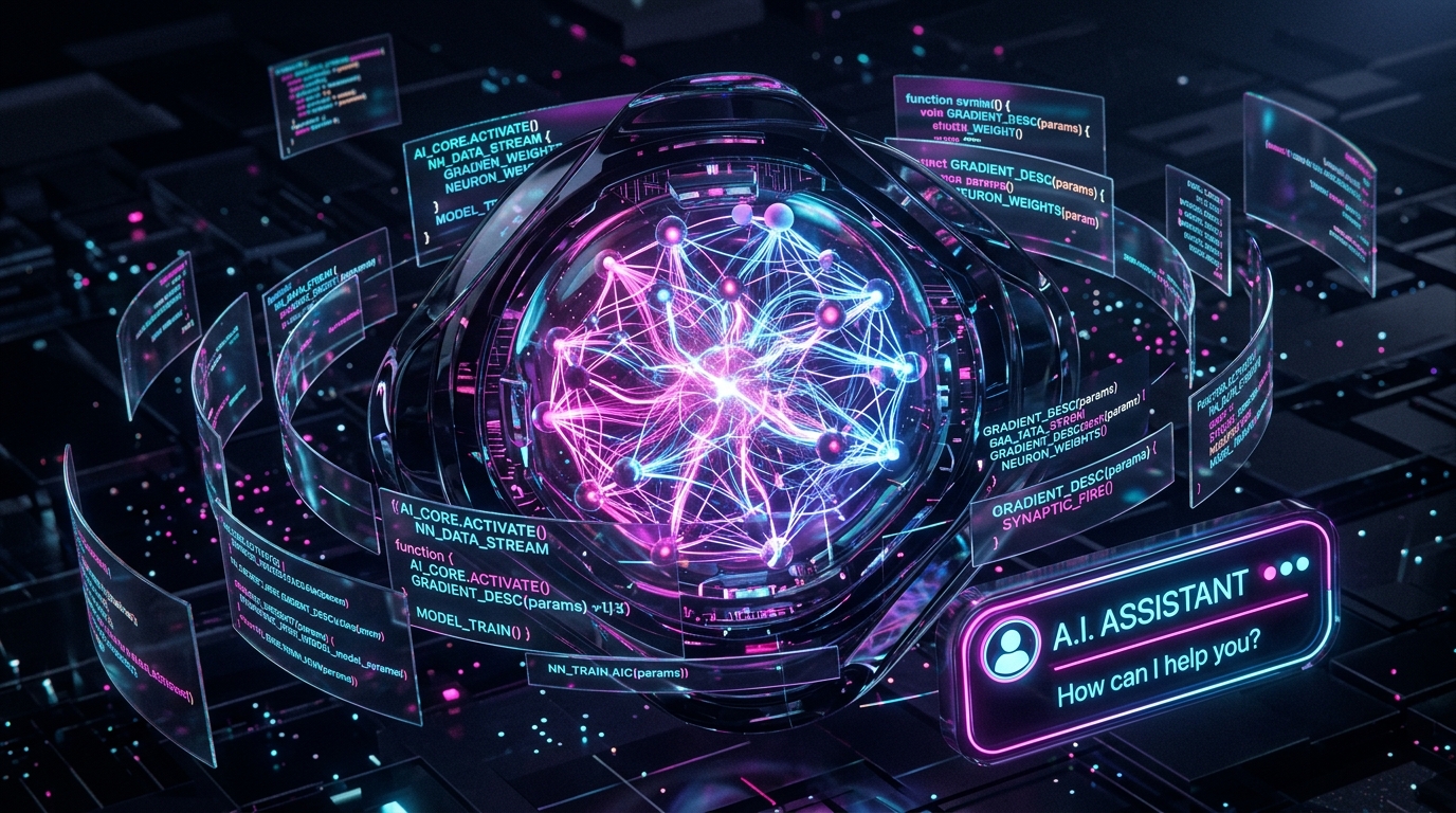 AI assistant neural core with code panels