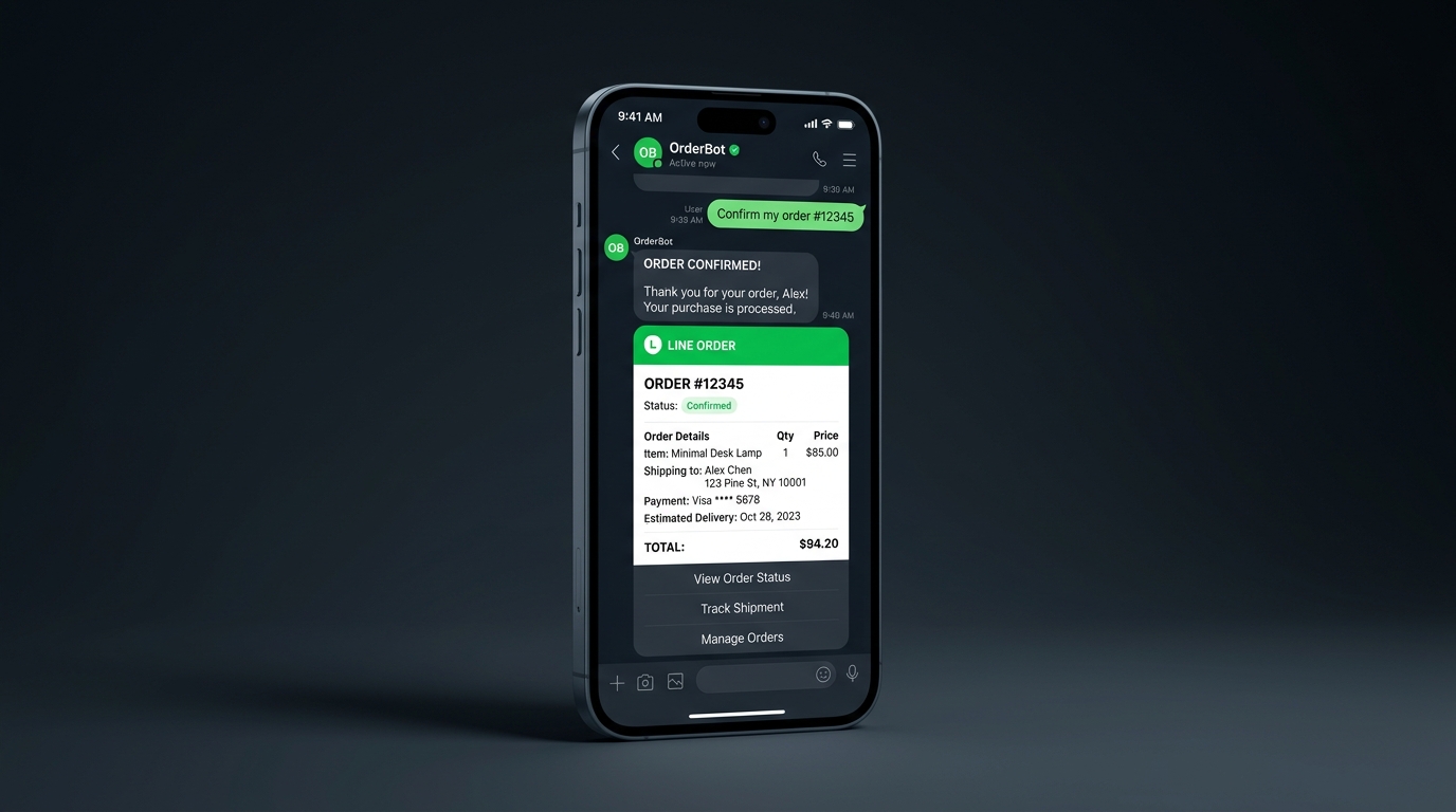 LINE chatbot confirming an order on a smartphone